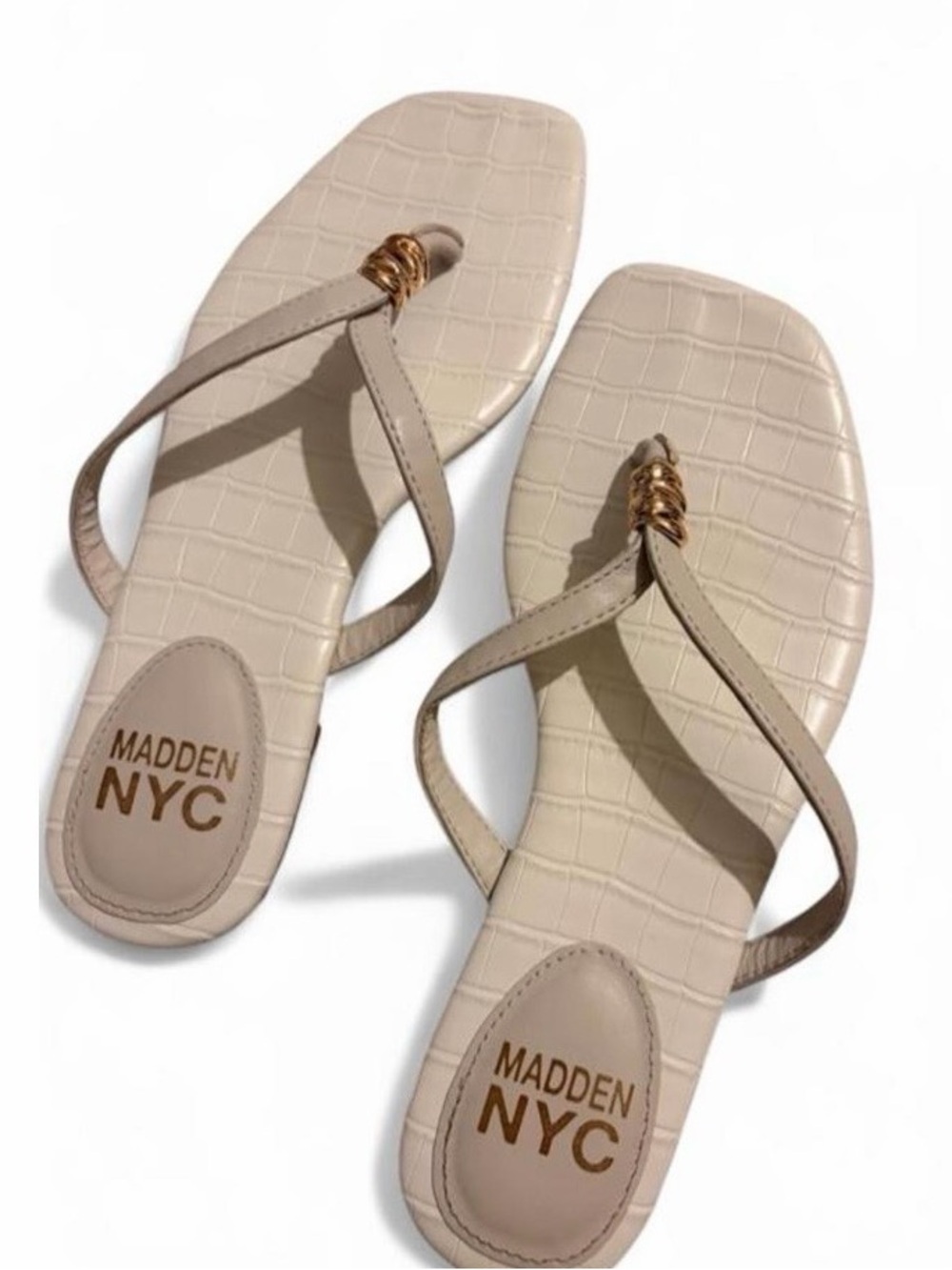 Madden NYC White Embossed Thong Sandals with Gold Accent + FREE Squishy cube
